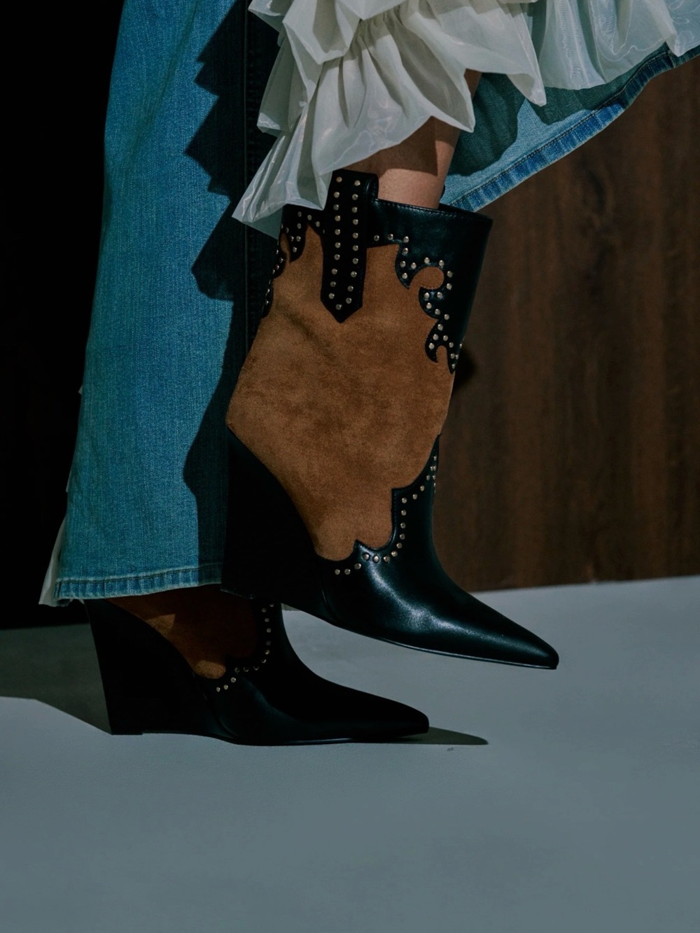 Azalea Wang Studded Two-Tone Western Ankle Boots - Black & Brown